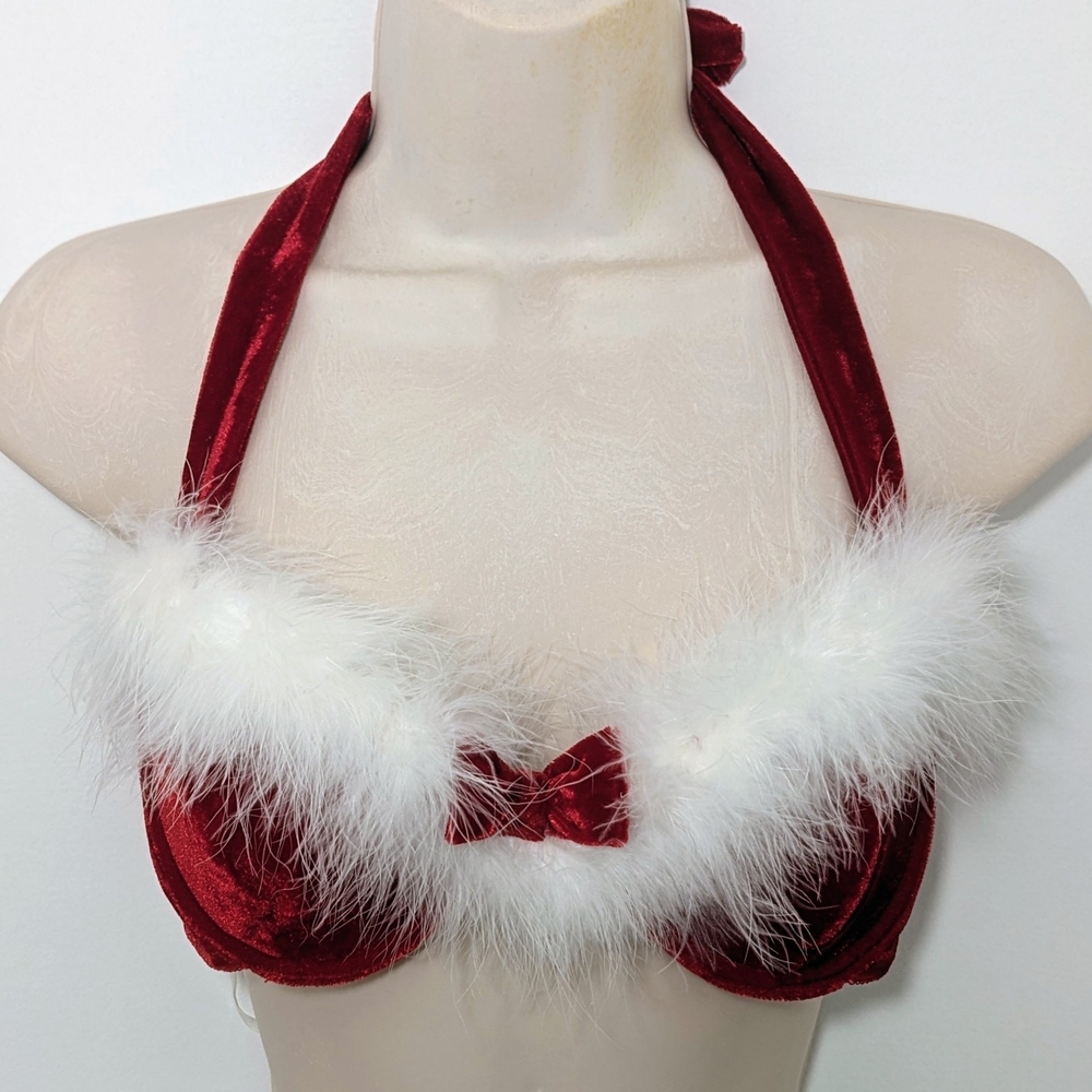 Fredericks Of Hollywood Red Velvet Santa Halter Bra with White Feather Trim
